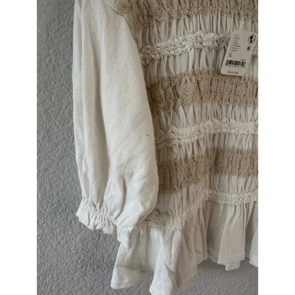 Free People Maxey Knit Smocked Peplum Top Cream Puff Sleeve Size XL Cottagecore - Picture 5 of 7